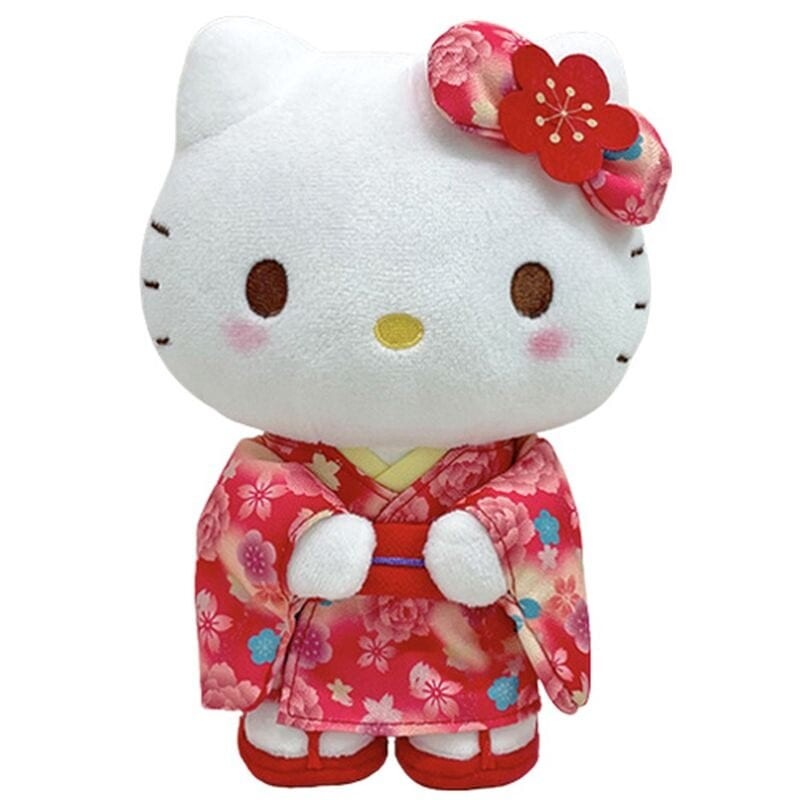 Hello Kitty standing plush wearing a red floral kimono