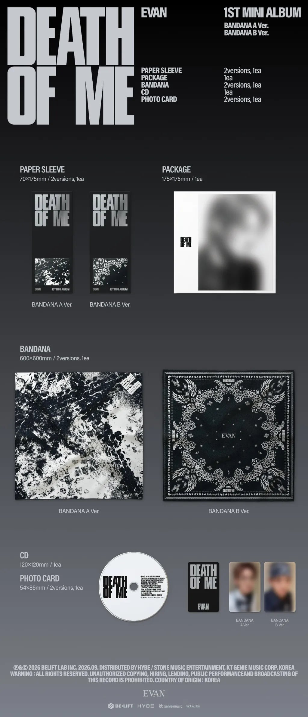 EVAN 1st Mini Album DEATH OF ME Bandana Ver. contents