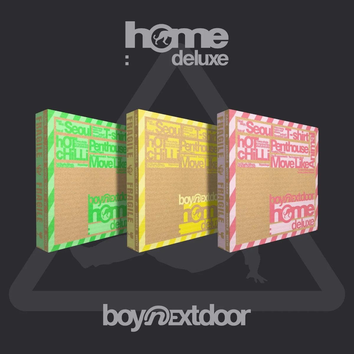 BOYNEXTDOOR HOME DELUXE HAZE OVERDRIVE and SPARK album covers