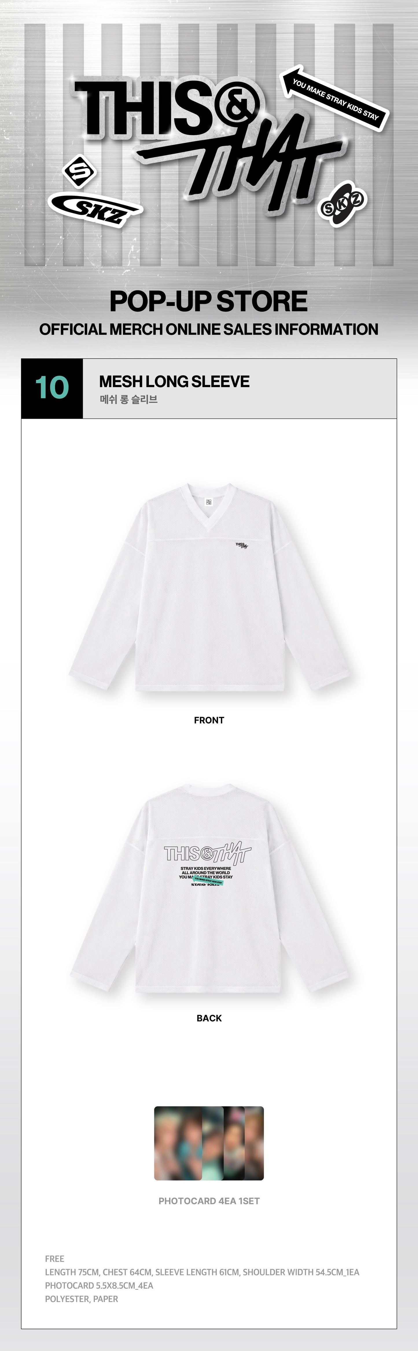 Stray Kids THIS & THAT Mesh Long Sleeve front, back, photocard set, and measurements