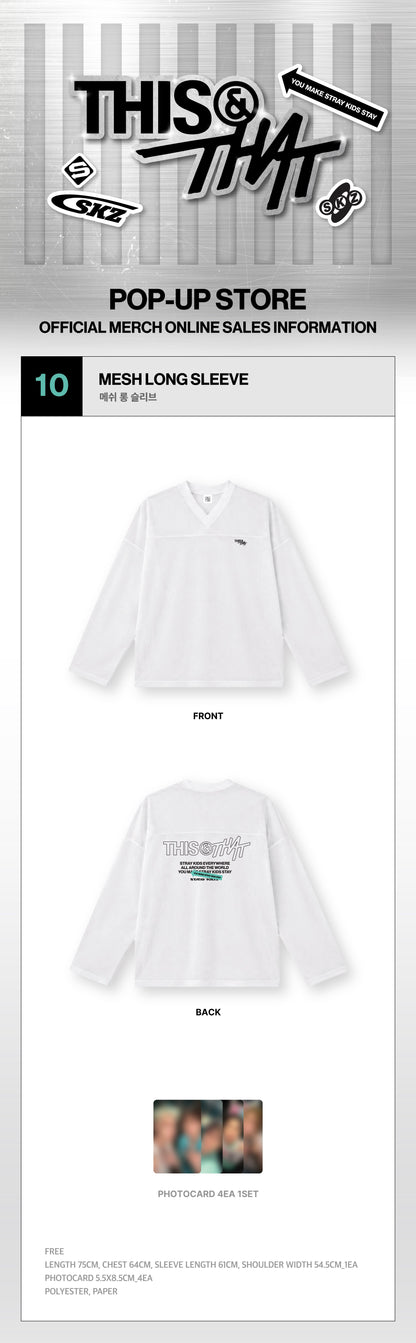 Stray Kids THIS & THAT Mesh Long Sleeve front, back, photocard set, and measurements