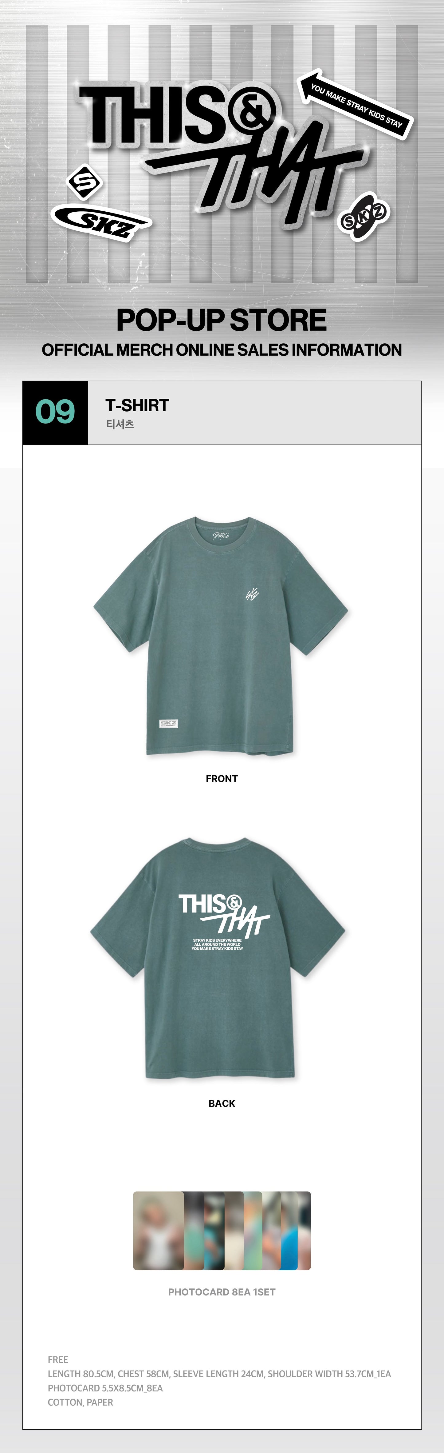 Stray Kids THIS & THAT T-Shirt front, back, photocard set, and measurements